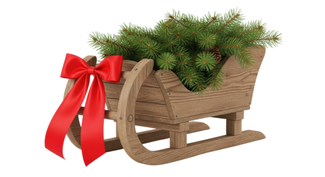A charming wooden sleigh decorated with a large red satin bow is filled with fresh green pine branches and a pinecone for a festive holiday celebration