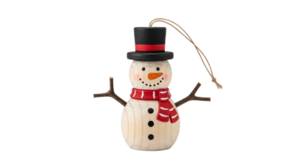 A charming wooden snowman Christmas tree ornament with a black top hat, red striped scarf, and twig arms, showcasing a rustic, handmade holiday decoration
