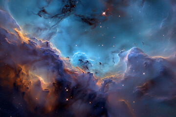 Stunning deep space nebula with vibrant blue and orange cosmic clouds illuminated by distant stars, showcasing a breathtaking celestial landscape of interstellar gas and dust