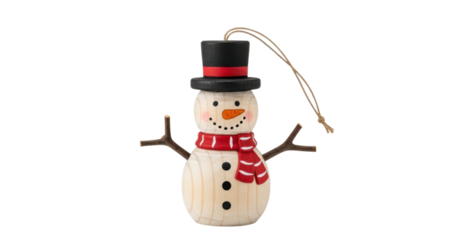A charming wooden snowman Christmas tree ornament with a black top hat, red striped scarf, and twig arms, showcasing a rustic, handmade holiday decoration