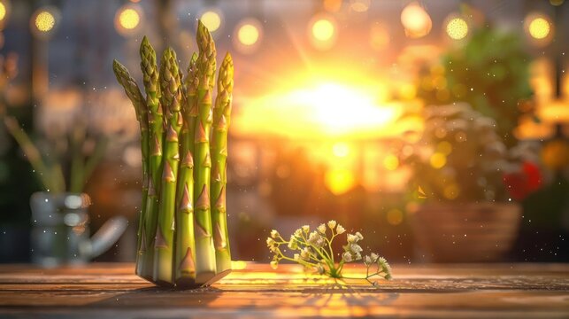 a bunch of asparagus on a wooden table