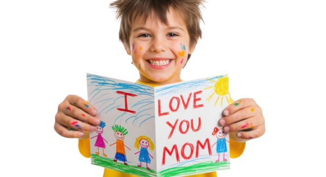 A happy little boy with colorful paint smudges on his face and hands proudly shows a handmade greeting card with a drawing and a loving message for his mom