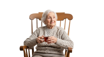 A serene elderly woman with beautiful white hair sits peacefully in a wooden rocking chair, holding a warm cup of tea and looking away with a gentle, thoughtful smile