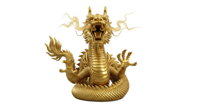 An ornate golden dragon with detailed scales, horns, and sharp claws roars fiercely, showcasing a powerful and majestic mythical creature from East Asian folklore