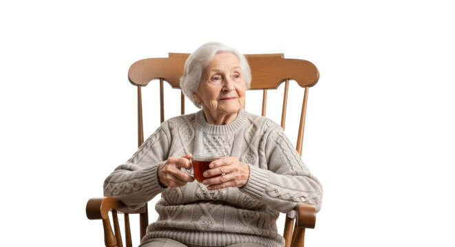 A serene elderly woman with beautiful white hair sits peacefully in a wooden rocking chair, holding a warm cup of tea and looking away with a gentle, thoughtful smile
