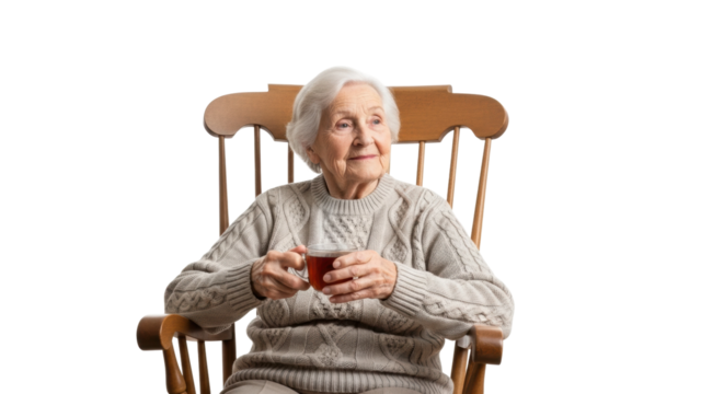 A serene elderly woman with beautiful white hair sits peacefully in a wooden rocking chair, holding a warm cup of tea and looking away with a gentle, thoughtful smile