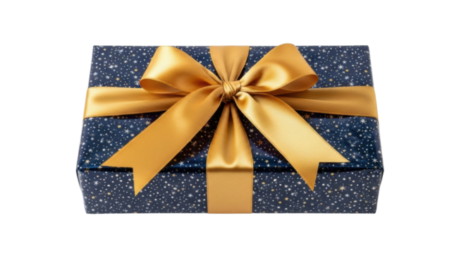 An elegant rectangular present wrapped in dark blue paper with a festive star pattern, meticulously tied with a large, luxurious golden satin bow in a classic style