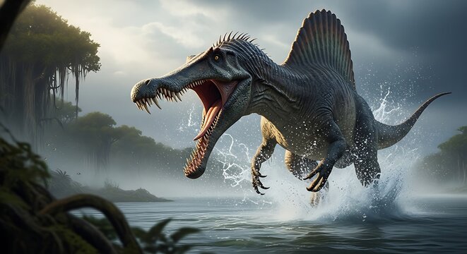 Spinosaurus leaps from water in prehistoric jungle scene.