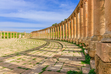 Jerash, Jordan. The Oval Forum and Cardo Maximus in ancient Jerash