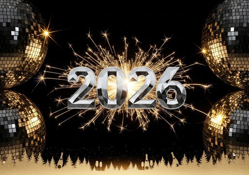 Happy new year 2026 celebration with sparkling fireworks, shiny disco balls, and metallic numbers, creating a festive and vibrant atmosphere for holiday greetings and events