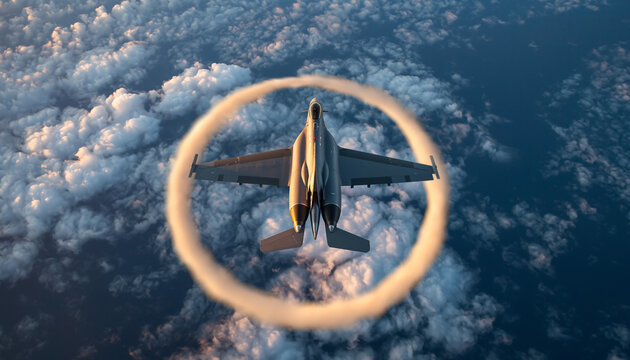 Fighter Jet Performing Aerobatic Maneuver Leaving Smoke Trail Above Clouds