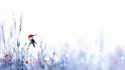 A small hummingbird with a red head and blue body rests on a thin branch surrounded by wispy blue and white flora and small red flowers.