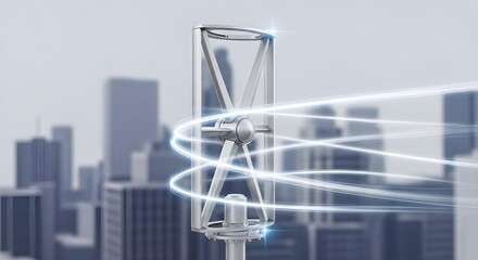 A vertical axis wind turbine stands against a blurred cityscape enhanced with light trails depicting wind flow