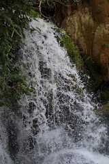 A powerful waterfall crashes over moss-covered rock formations, surrounded by lush greenery, capturing the raw motion and texture of flowing water in nature.