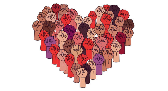 Unified heart: Multicolored raised fists symbolizing global solidarity and collective strength