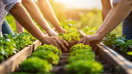 People planting herb seedlings in a sunny garden