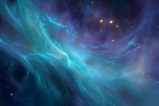 Vibrant cosmic nebula in deep space featuring swirling clouds of bright turquoise and deep purple gas illuminated by distant stars, creating an abstract celestial background