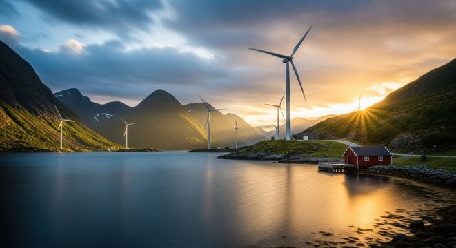 A serene lake with a red boat docked at the shore, surrounded by lush green mountains and a vibrant sunset sky.