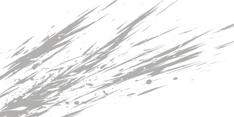 Dynamic gray diagonal brush strokes and paint splatters on a clean white background