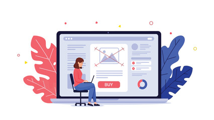 E-commerce Website Error: Woman Shopping Online with Missing Product Image Placeholder on Laptop Screen