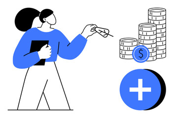 Financial growth concept. Woman holding a coin next to stacked coins and a savings symbol. Financial planning for budgeting, investments, savings, wealth management, and economic strategies
