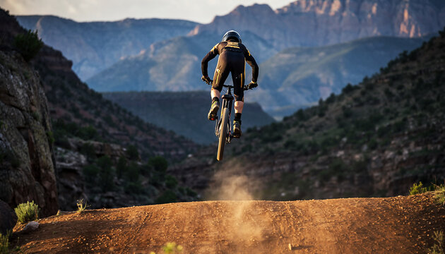 Mountain Biker Jumps Dirt Trail with Dusty Landscape and Mountains in Background - Powered by Adobe