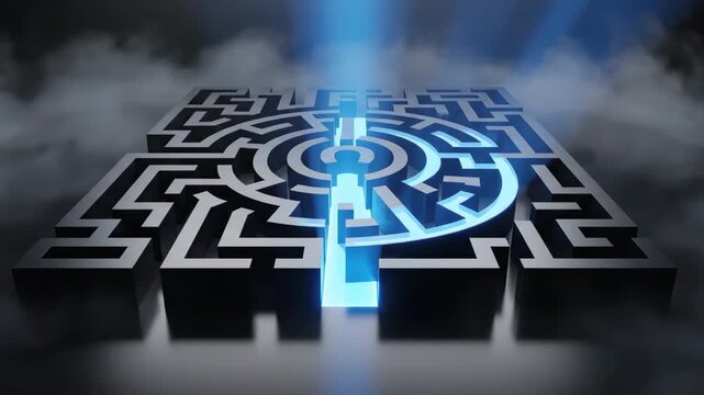 Mysterious dark labyrinth with glowing blue path and foggy atmosphere, illuminated by a bright beam of light from above, creating an enigmatic and surreal environment, captured from an aerial