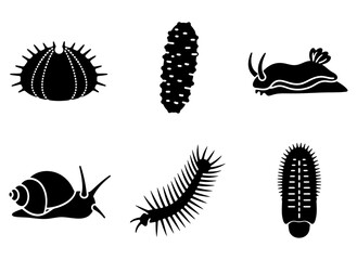 Diverse invertebrate creatures silhouette collection, featuring marine and terrestrial life forms as simple vector icons