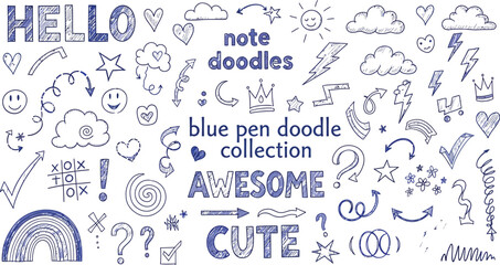 Hand drawn blue pen doodle collection with arrows, stars, hearts, words