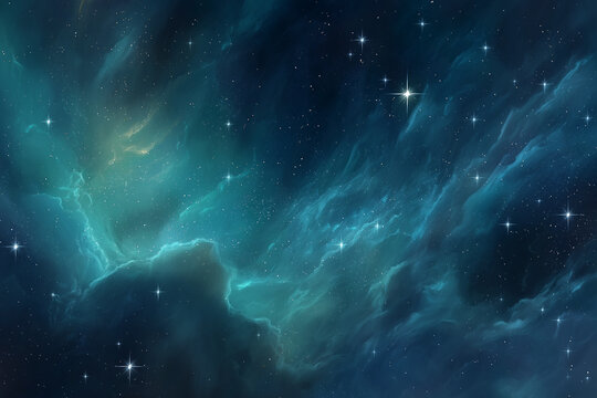 Vibrant deep space nebula with glowing turquoise and dark blue gas clouds illuminated by numerous bright, twinkling stars, creating a mysterious and aweinspiring cosmic background