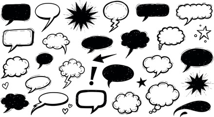 Hand drawn speech bubbles and thought clouds communication set.