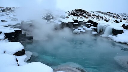 Steaming hot spring amidst snow, geothermal warmth contrasts icy landscape, winter retreat in remote wilderness