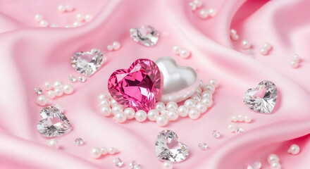 ピンクのサテン生地に並べたハート型ジュエルとパールの高級感ある装飾イメージ
