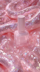 Pink Nail Polish Bottle on Shimmering Iridescent Fabric