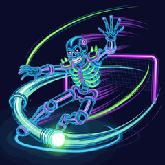 Obraz premium Neon Skeleton Playing Hockey with Glowing Puck and Goal.
