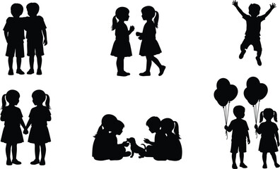Set of happy children silhouettes showing friendship, interaction, holding hands, embracing, jumping, and playing with balloons and a puppy in different cheerful activities.