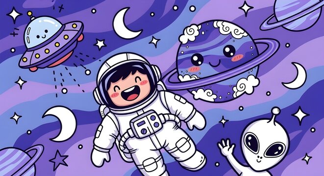 Cute space exploration doodle designs featuring a happy astronaut, smiling planet, cheerful UFO, and friendly alien. Cosmic purple and blue color scheme