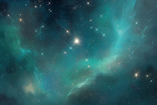 Vibrant teal and turquoise nebula glowing with countless bright stars and cosmic dust in deep space, an abstract representation of a distant galaxy or star formation - Powered by Adobe