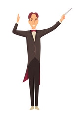 A young music conductor waving a conductor's baton. Vector illustration in flat cartoon style