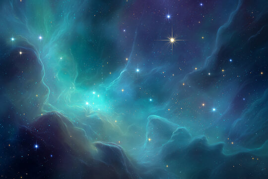 Vibrant cosmic nebula in deep space featuring glowing turquoise and deep blue gas clouds illuminated by distant bright star clusters and sparkling stellar light - Powered by Adobe