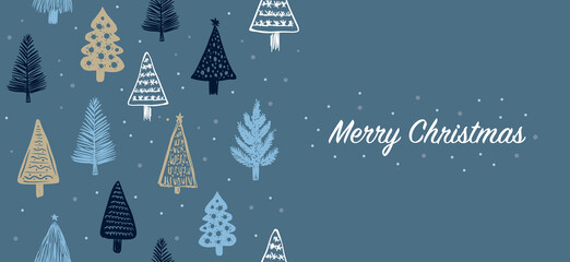 Merry Christmas, trees on blue background	

