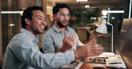 Computer, team and business men talk for trading, finance or planning at night. Desktop, discussion and happy traders in office for investment meeting, stock market proposal or profit on overtime - Powered by Adobe