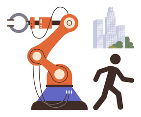Robotic arm with walking human figure beside city buildings highlights automation, industrial evolution, and man-machine collaboration. Ideal for technology, industry, urban development, AI