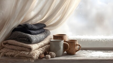 冬の窓辺と白いカーテン越しの光3