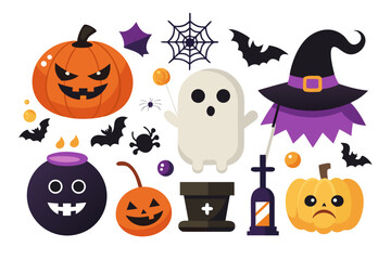 Flat Design Halloween Elements Collection - Pumpkin Ghost Witch Set