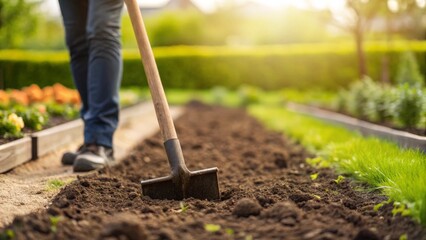Person Using a Hoe for Cultivating Soil in a Garden