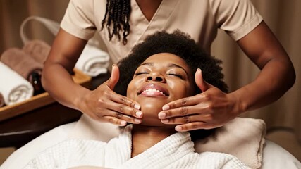 African American woman enjoying a facial massage, relaxation and self-care in a spa setting, wellness and rejuvenation during a pampering session - Powered by Adobe