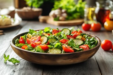 A vibrant salad bowl filled with fresh greens, cherry tomatoes, cucumbers, and croutons, set against a rustic wooden table.
