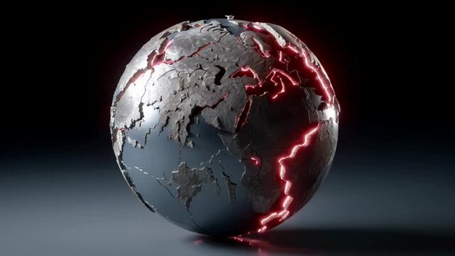 Cracked metallic sphere emits red glow, futuristic and mysterious atmosphere, symbolizes fragility and hidden power, suitable for sci-fi themes