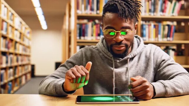 A Black man wearing glasses with dreadlocks touches a tablet screen, in a library setting